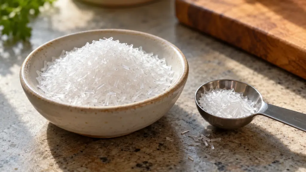White MSG crystals for accent seasoning beside a measuring spoon