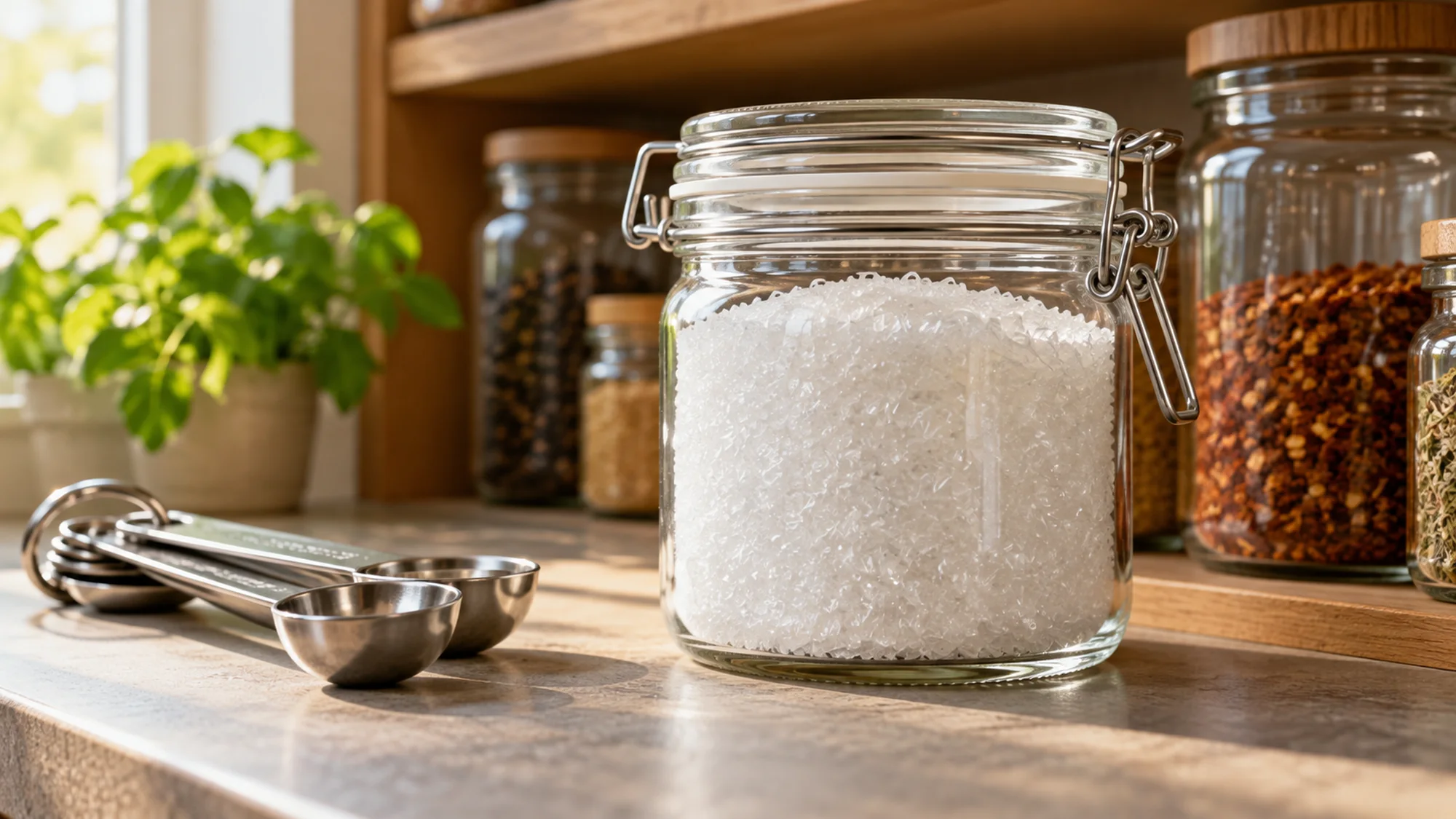 MSG crystals for accent seasoning in a sealed pantry jar