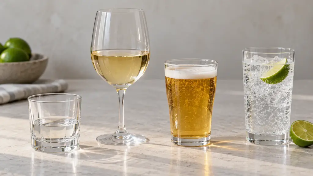 Small servings of clear spirit, wine, beer, and sparkling water