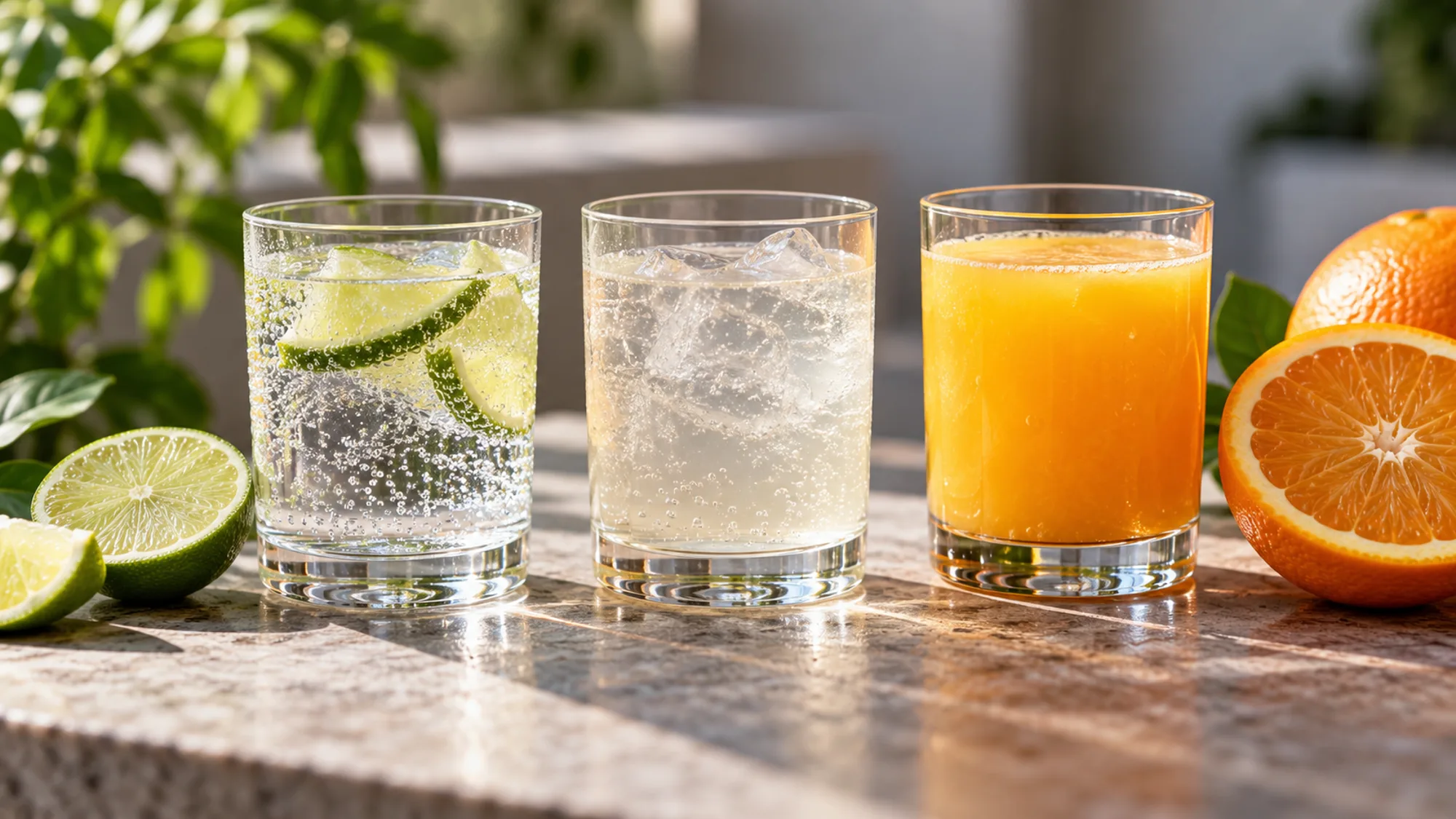 Glasses of sparkling water, tonic, and orange juice for mixer comparison