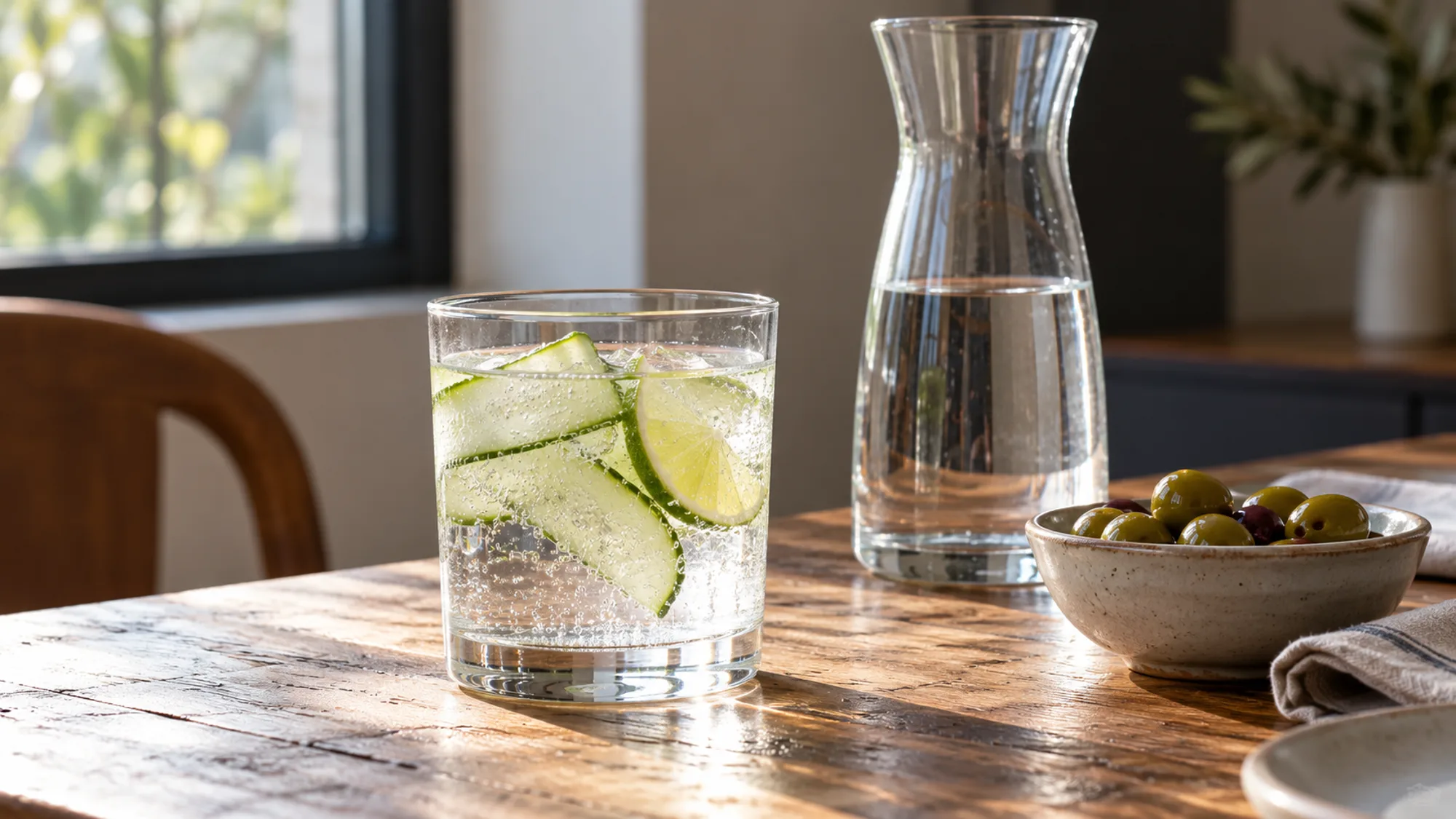 Alcohol-free sparkling water with cucumber and lime beside a carafe