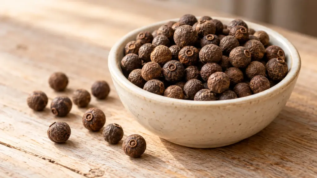 All spice berries filling an ivory bowl on a wooden table