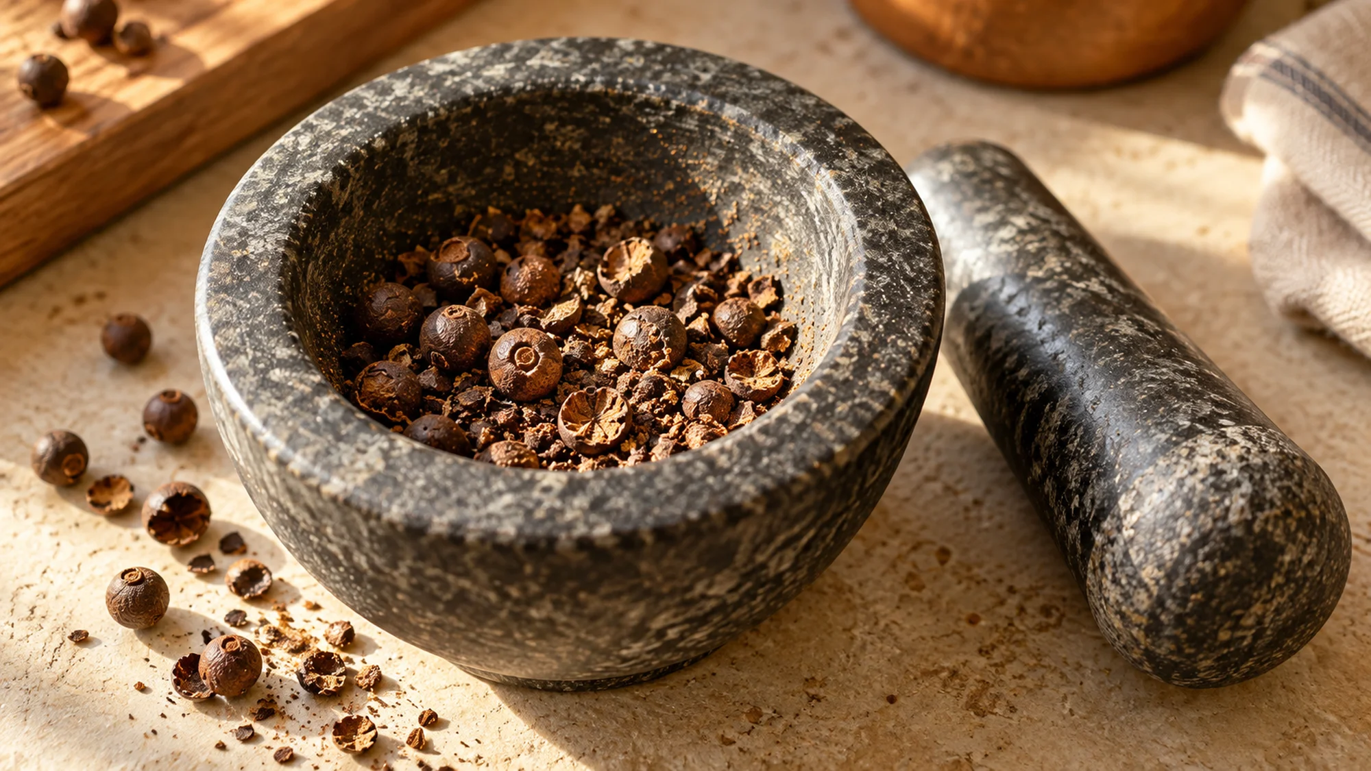 All spice berries lightly crushed in a stone mortar