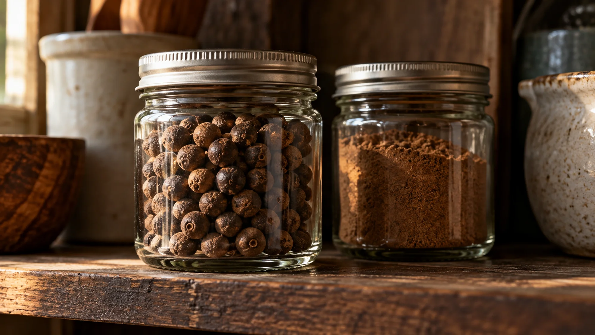 All spice berries and ground spice in closed pantry jars