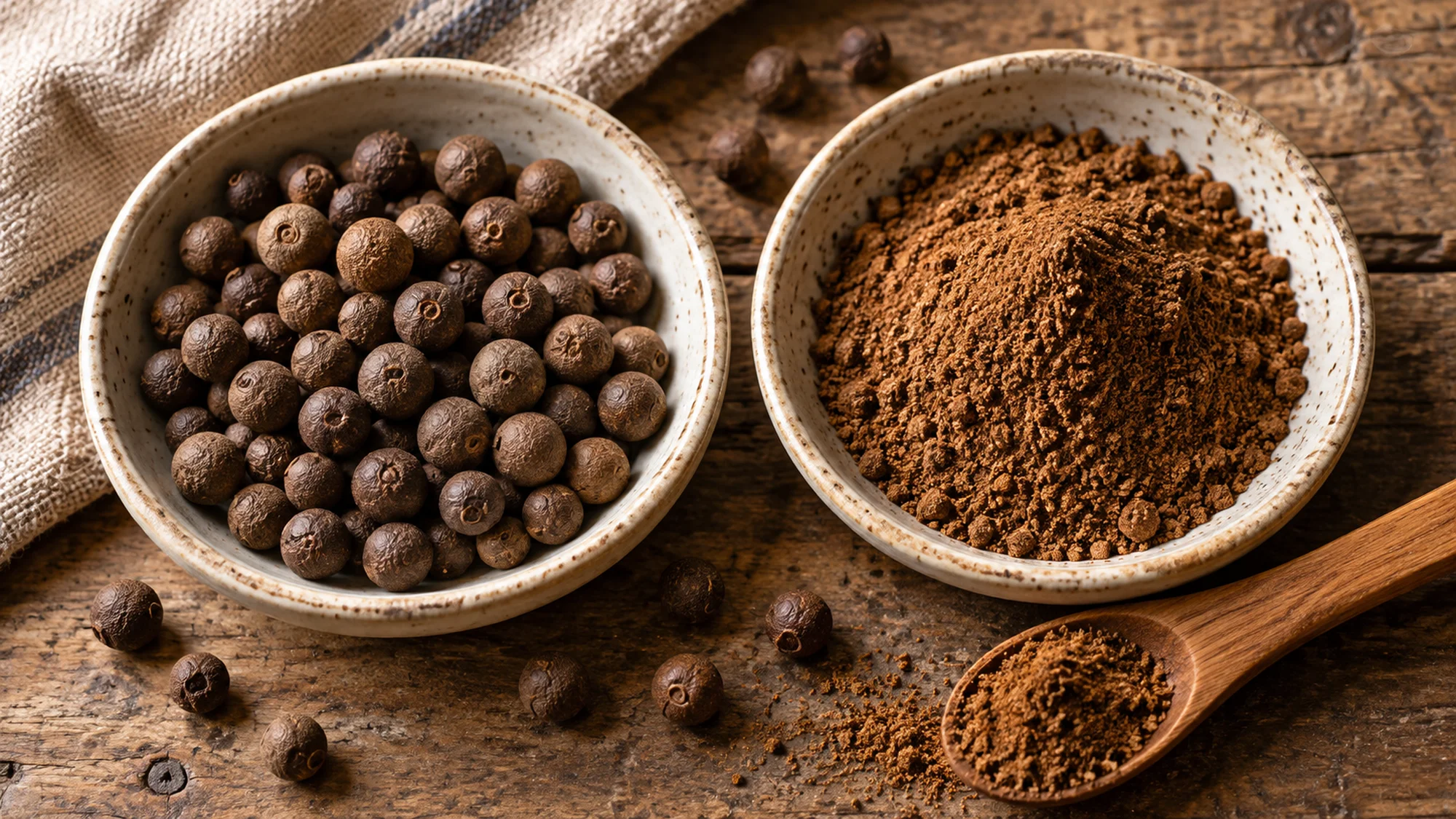 All spice shown whole and ground in two ceramic dishes