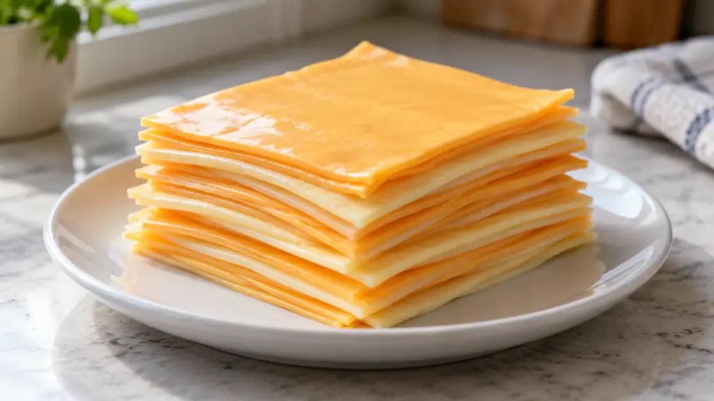 Stack of yellow and pale American cheese slices on a ceramic plate