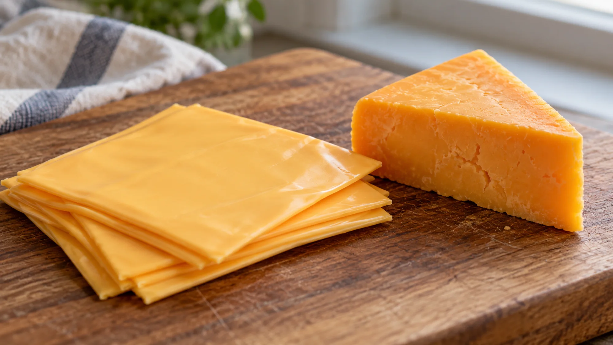 American cheese slices beside a cheddar wedge on a wooden board