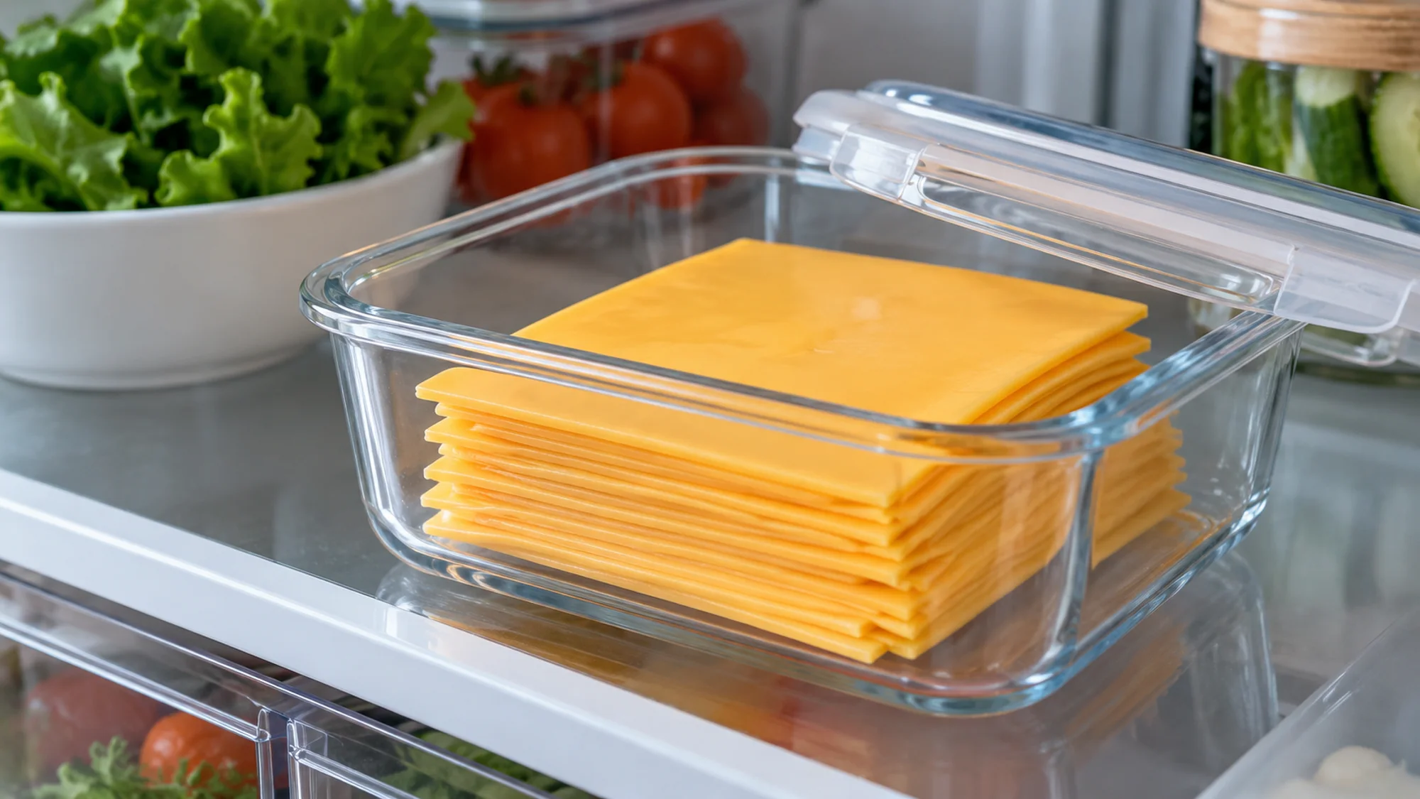 American cheese slices in a glass container on a refrigerator shelf