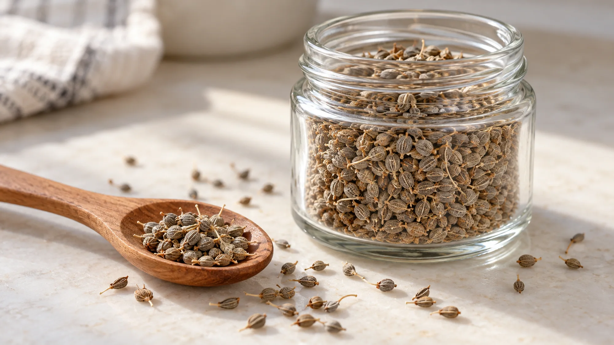 Anise seed in a clear spice jar and wooden spoon