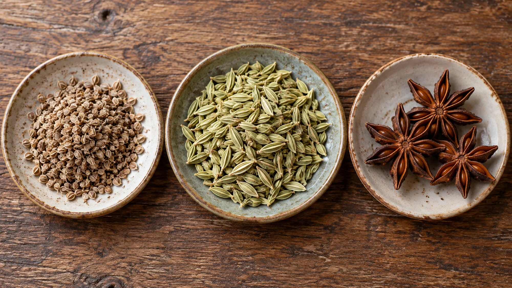 Anise seed beside longer fennel seeds and star anise pods