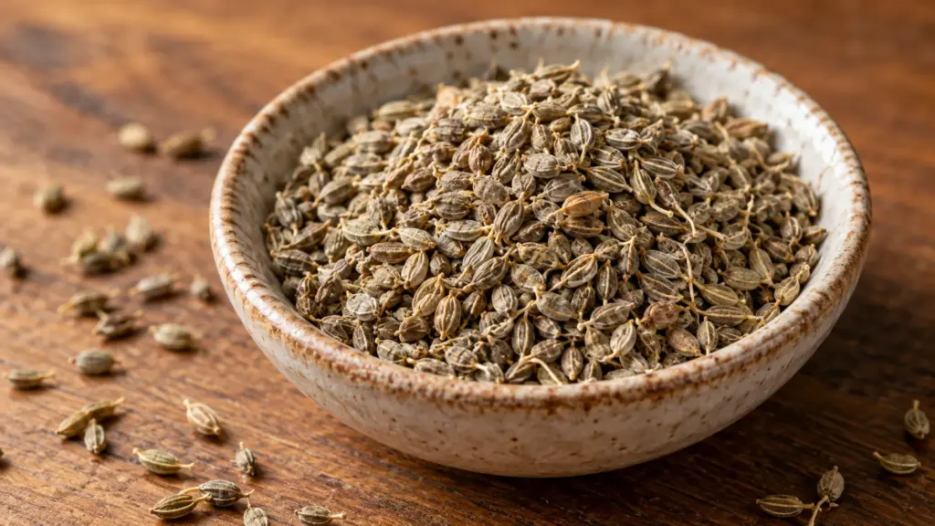 Anise seed with fine ridges in a shallow ceramic bowl