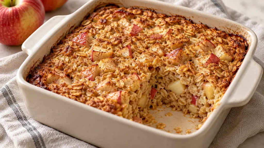 Apple cinnamon baked oatmeal in a square dish with a portion removed