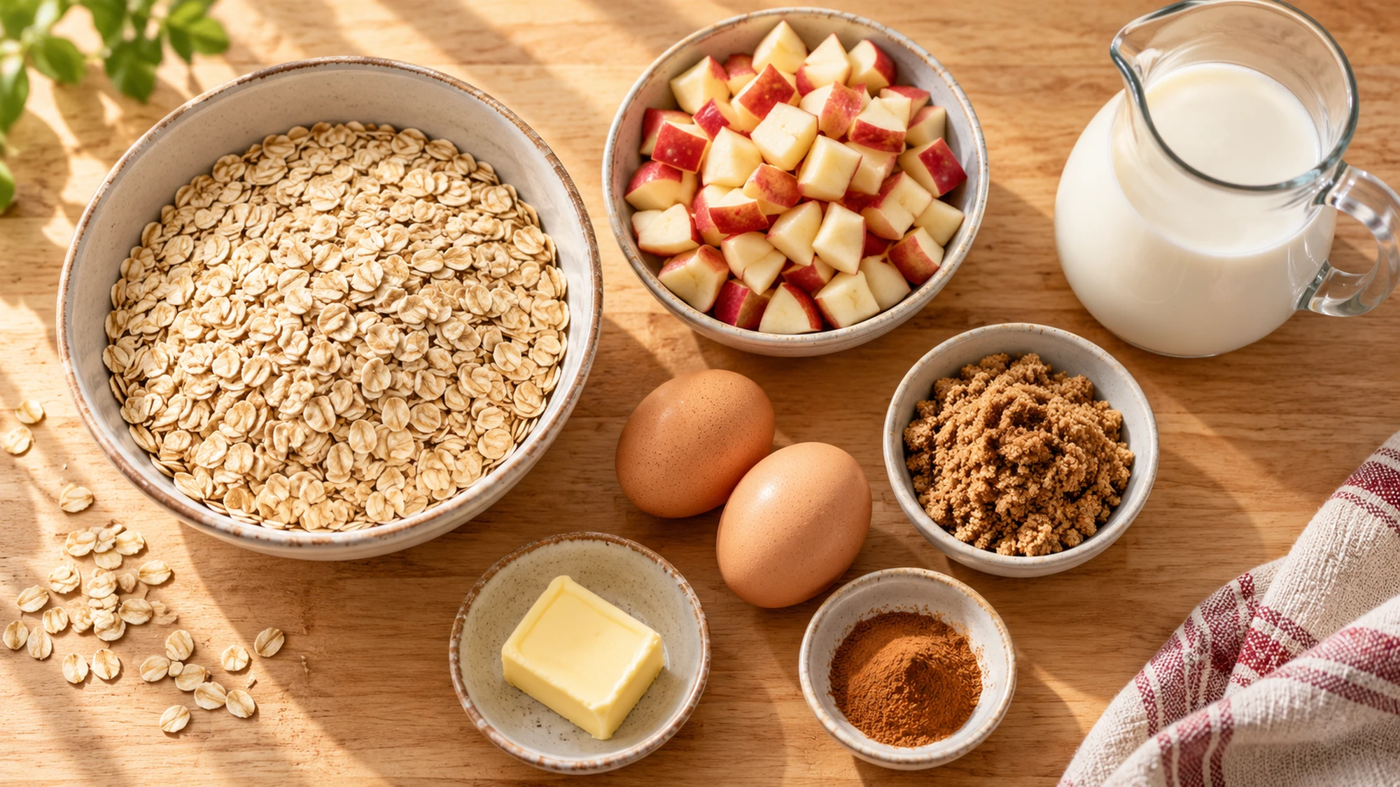 Rolled oats, diced apples, milk and eggs for apple cinnamon baked oatmeal