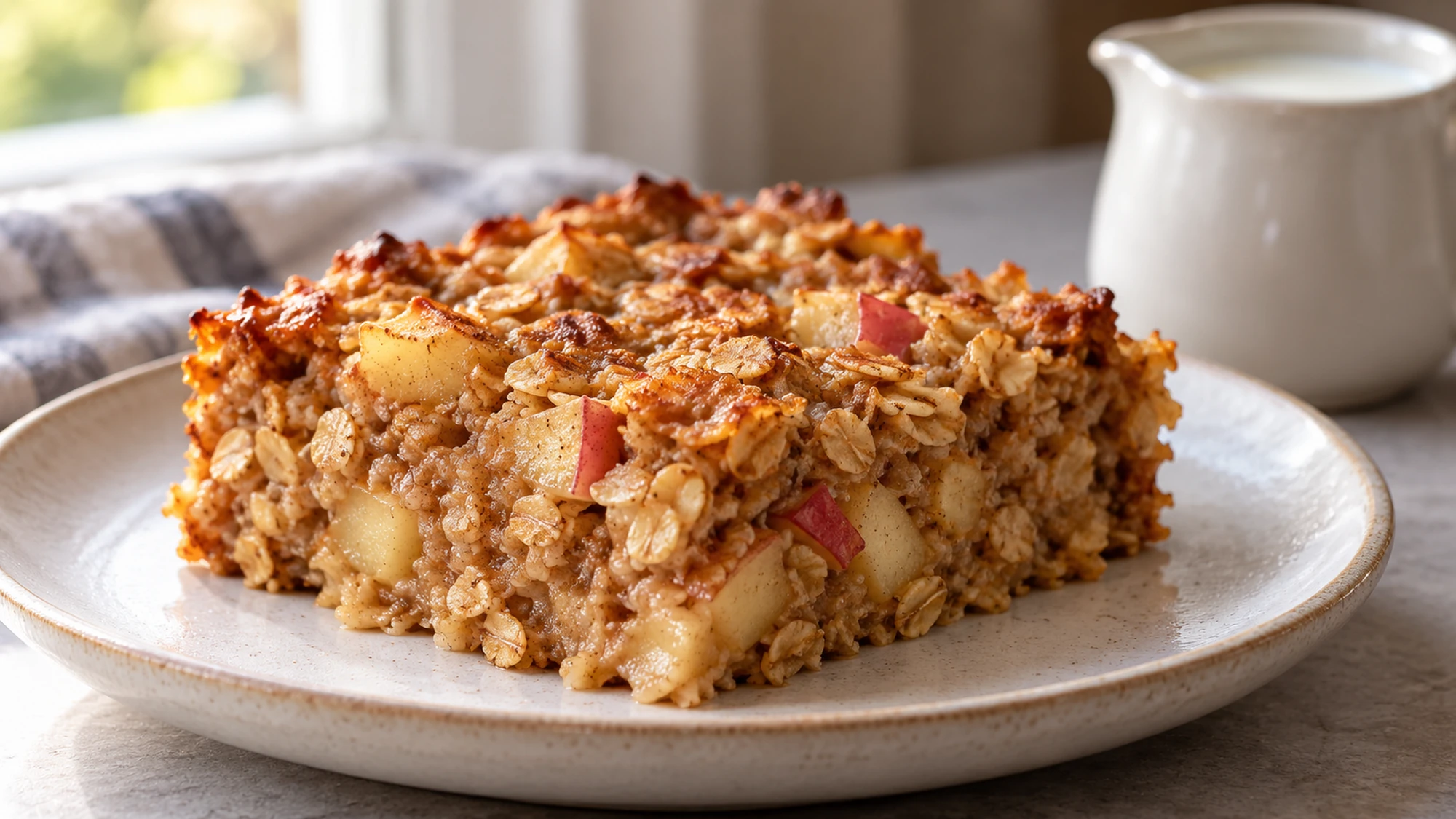 Apple cinnamon baked oatmeal square with tender apple pieces on a plate