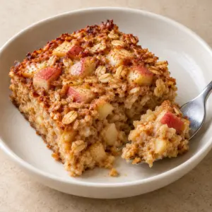 Apple cinnamon baked oatmeal with a forkful showing the moist oat interior