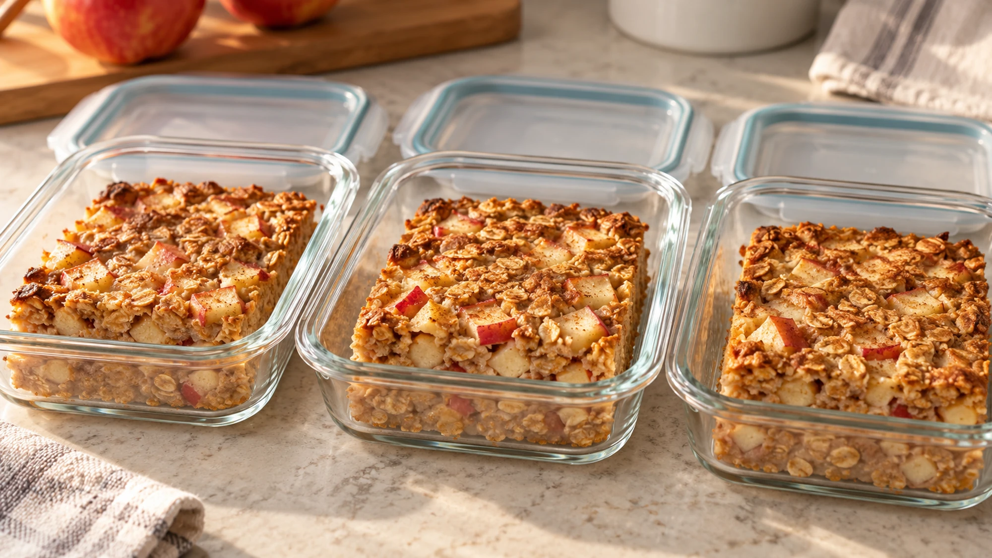 Apple cinnamon baked oatmeal portions in shallow glass storage containers