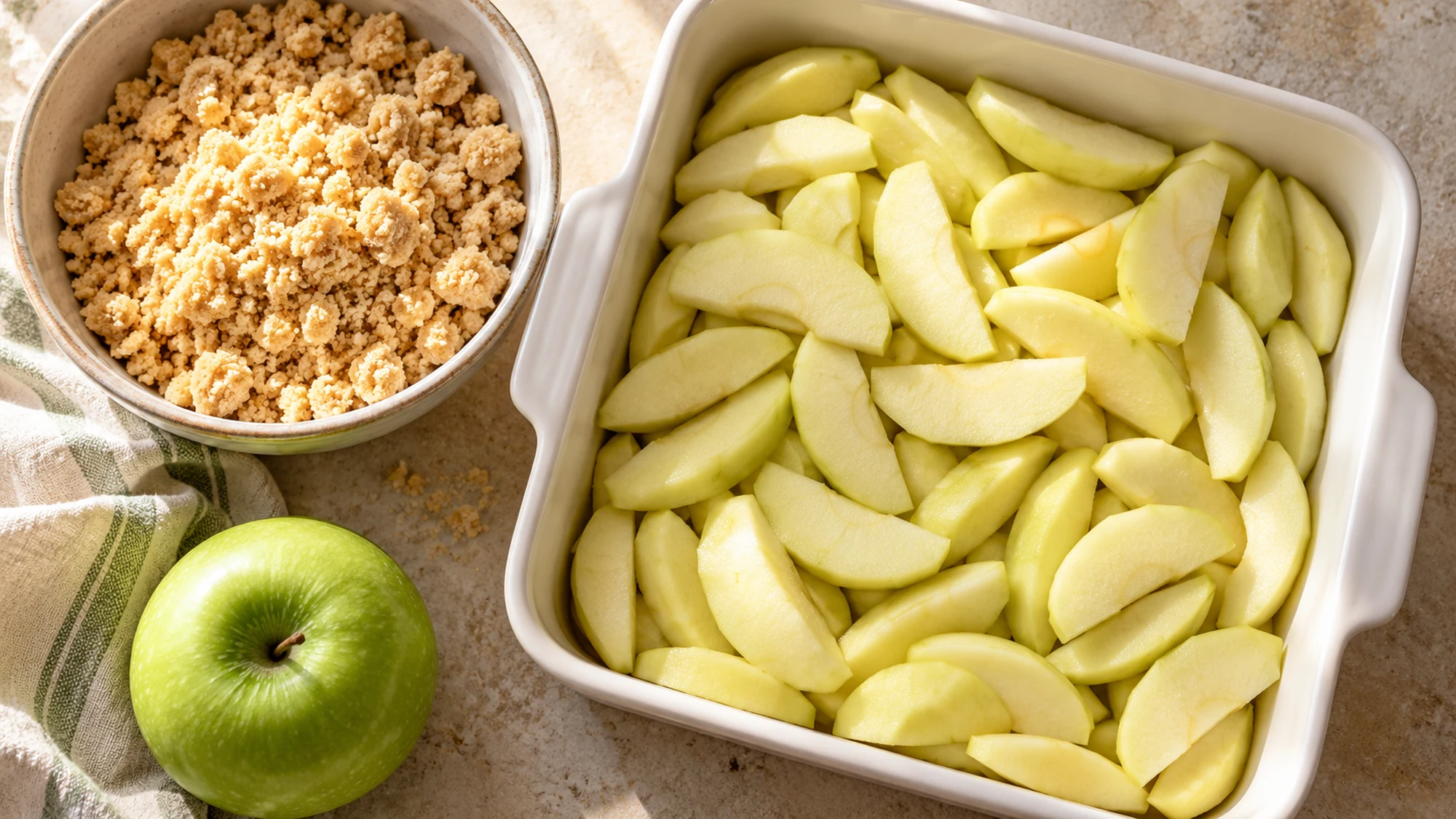 Apple crumble recipe preparation with sliced apples and a bowl of butter crumbs