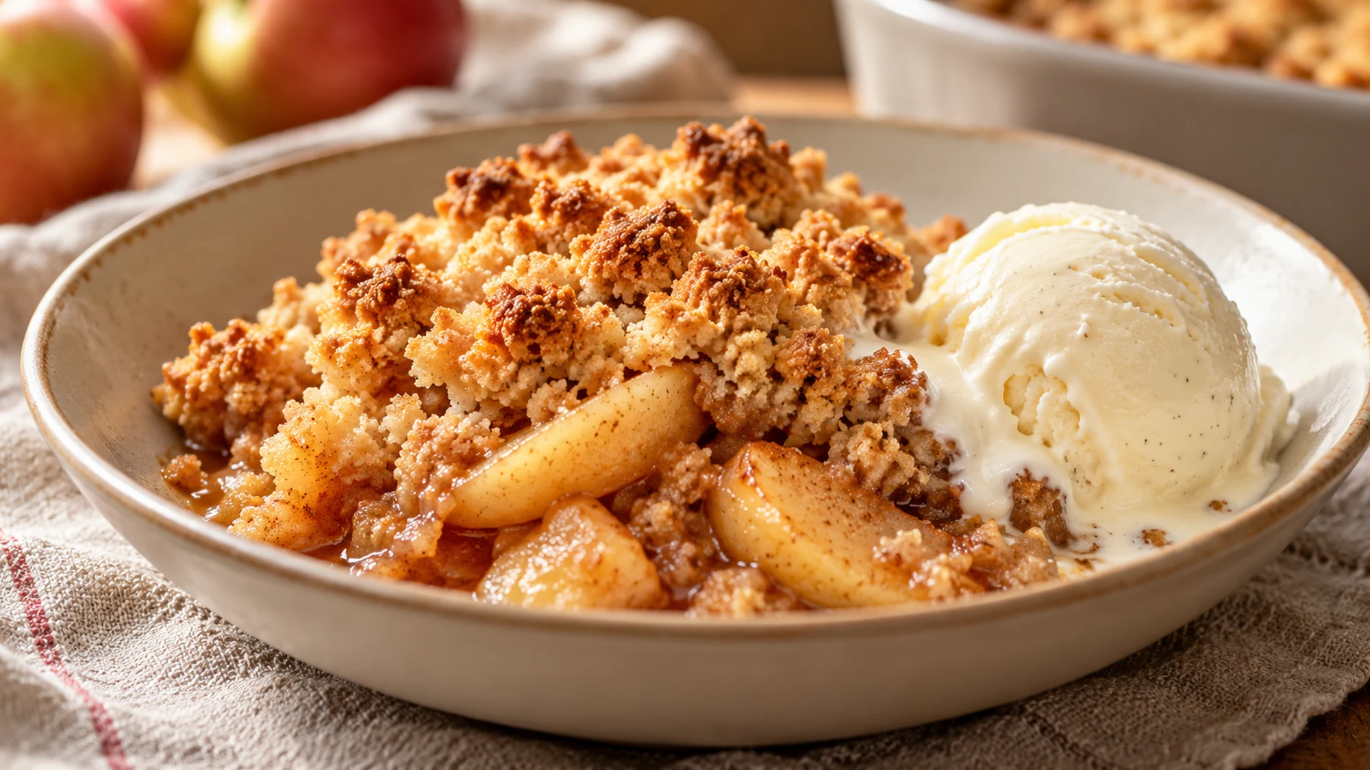 Apple crumble recipe served warm with vanilla ice cream