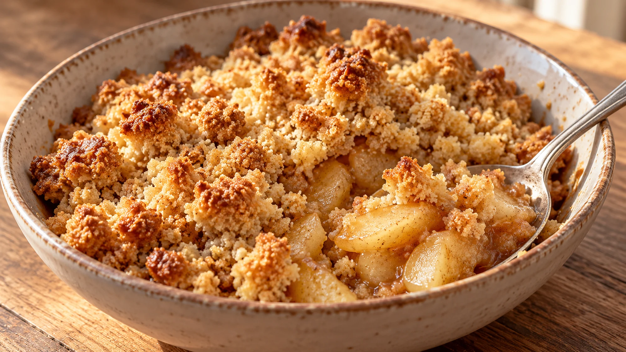 Apple crumble recipe showing golden topping and tender cinnamon apples on a spoon