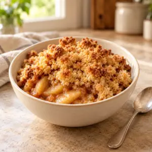 Apple crumble recipe in a cream bowl with a golden butter-crumb topping