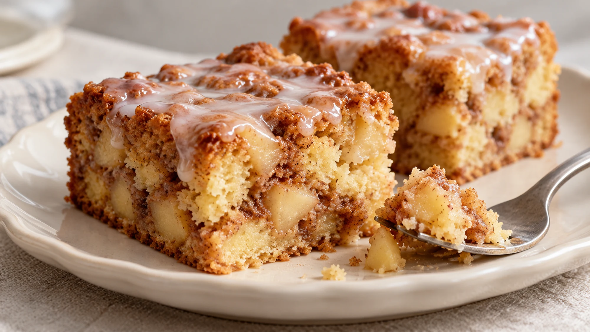 Two apple fritter cake squares with a forkful of tender crumb
