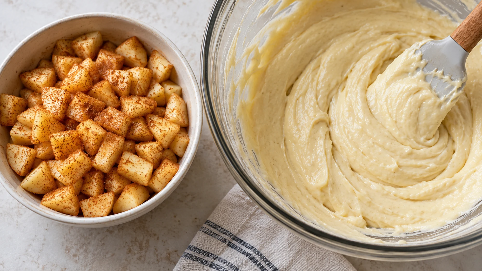 Diced cinnamon apples and sour cream batter for apple fritter cake