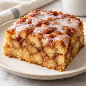Apple fritter cake square showing tender apples beneath vanilla glaze