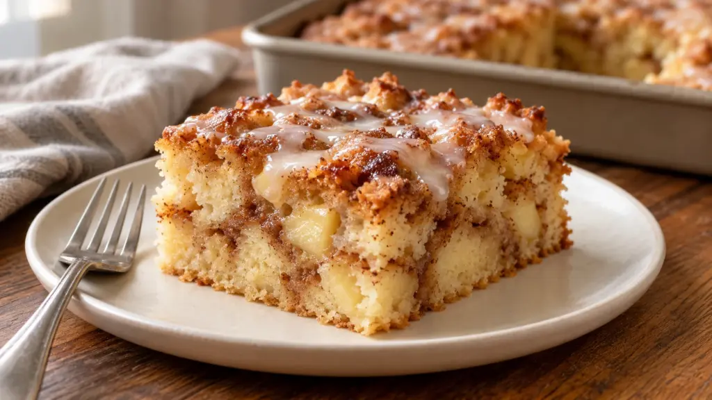 Apple fritter cake slice with cinnamon ribbons and vanilla glaze