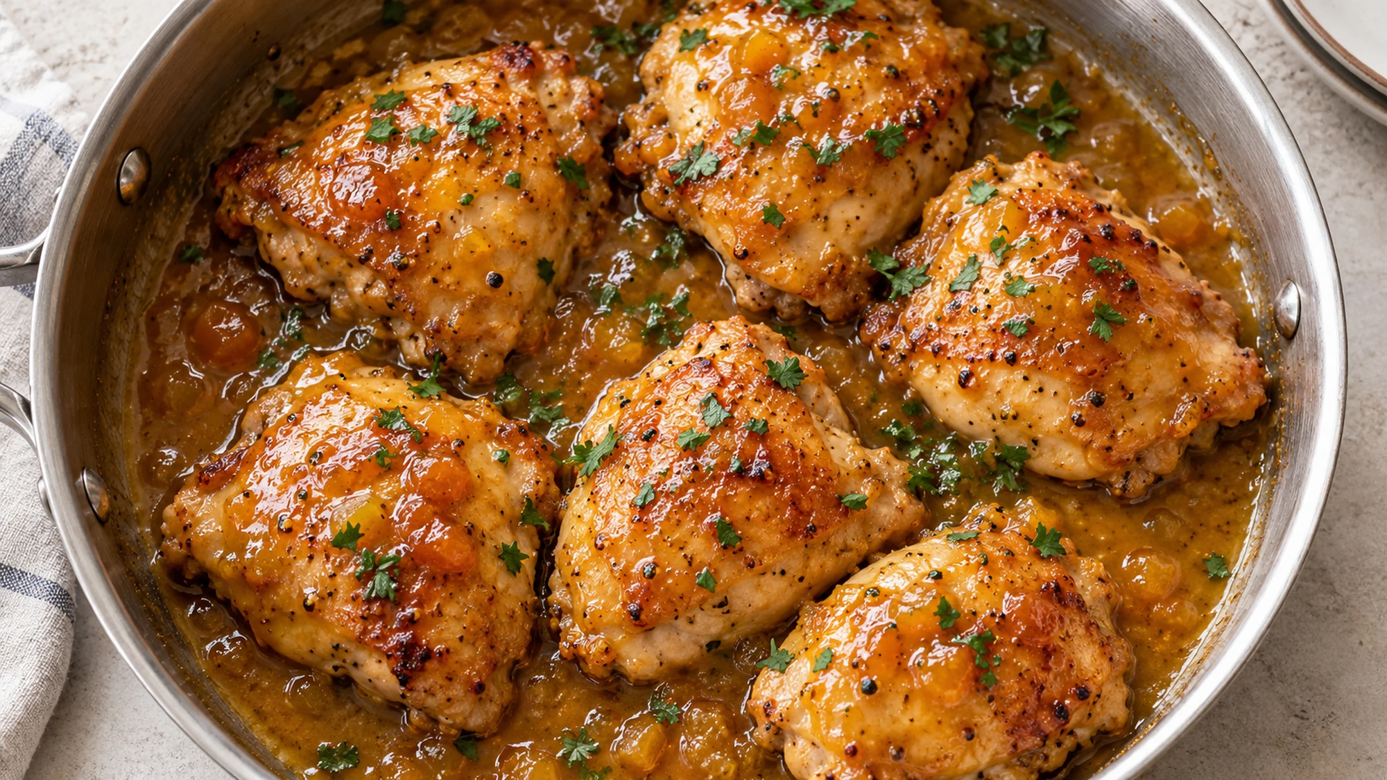Apricot chicken recipe with six glazed thighs and chopped parsley