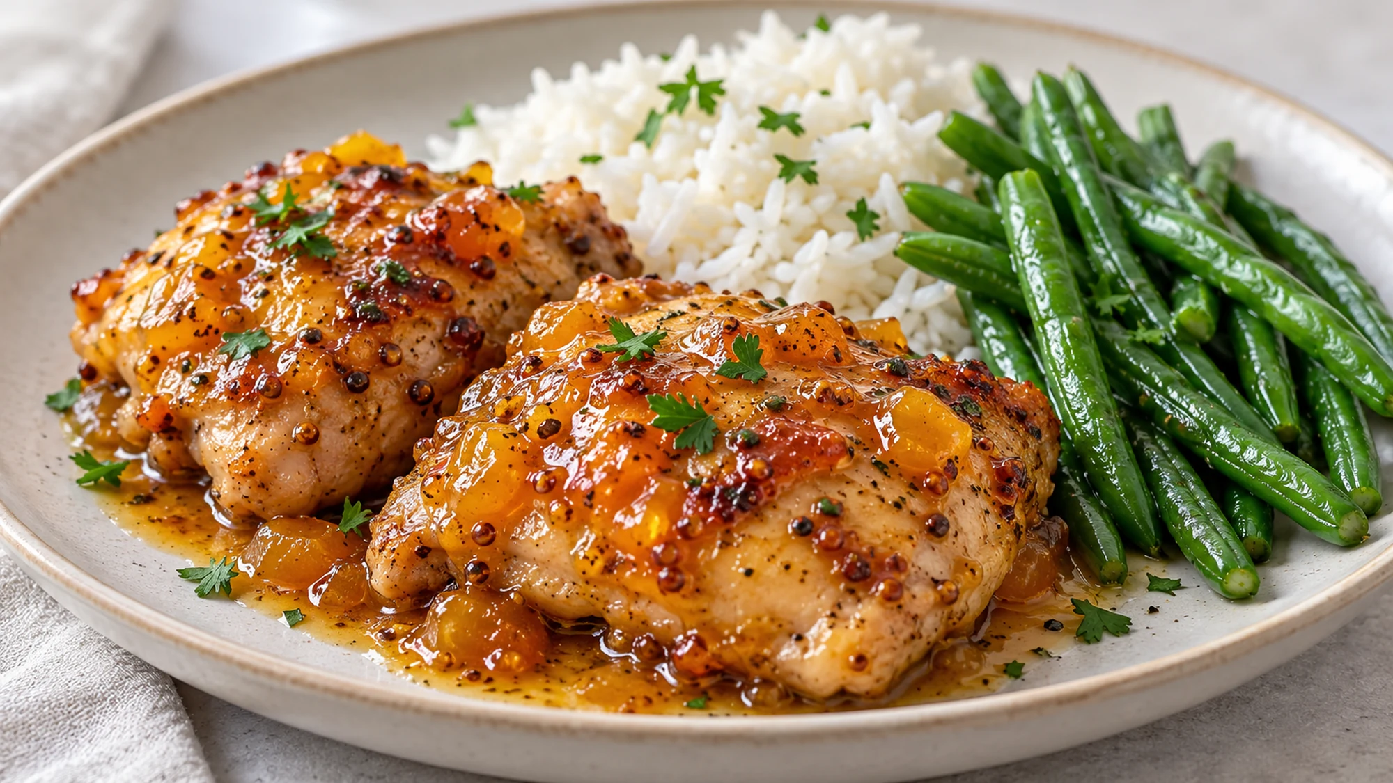 Apricot chicken recipe served with white rice and green beans