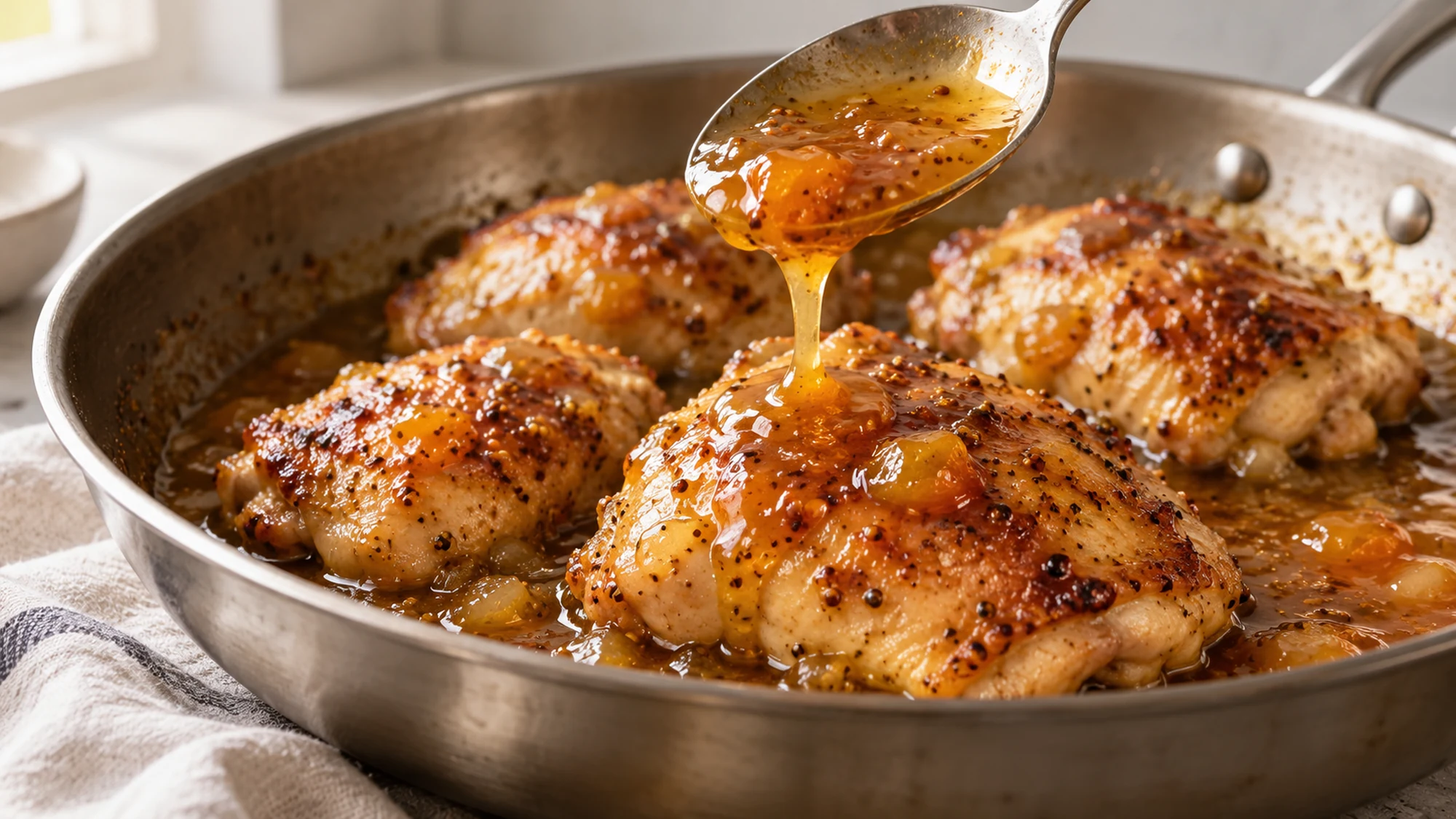 Spoon coating the apricot chicken recipe with warm pan sauce