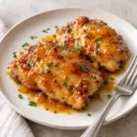 Apricot chicken recipe with two glazed thighs on a cream plate