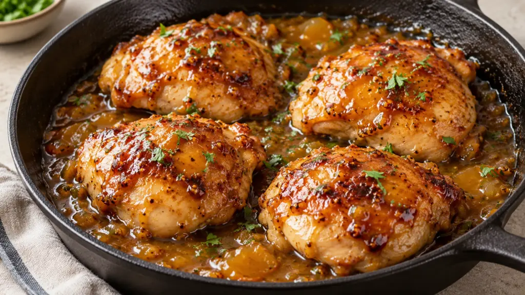 Apricot chicken recipe with golden thighs in a skillet of tangy glaze