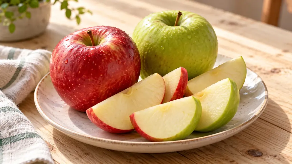 Are apples good for you: red and green whole apples beside peel-on wedges