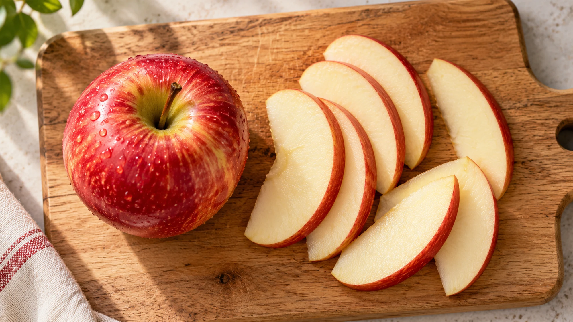 Are apples good for you: peel-on apple wedges on a cutting board