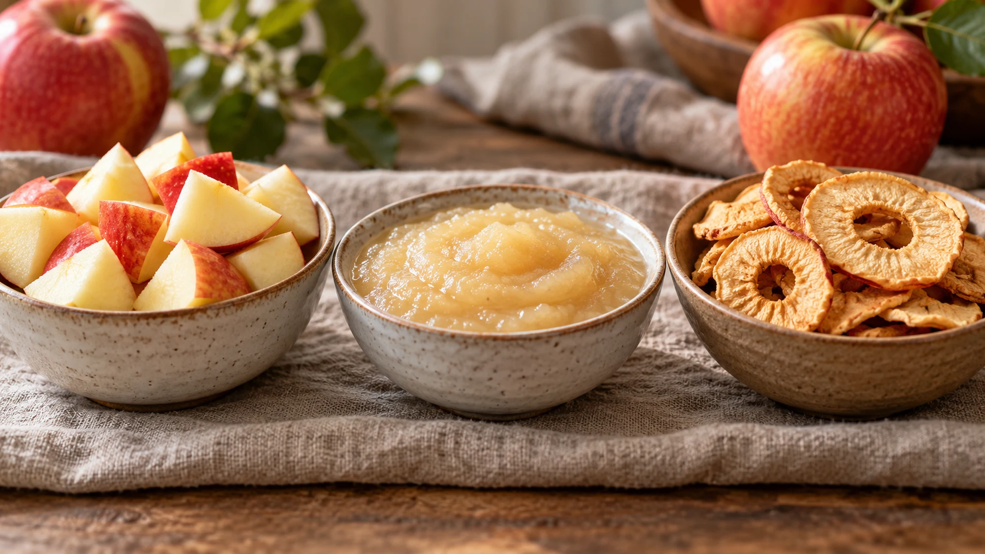 Are apples good for you: fresh apple chunks, applesauce, and dried rings