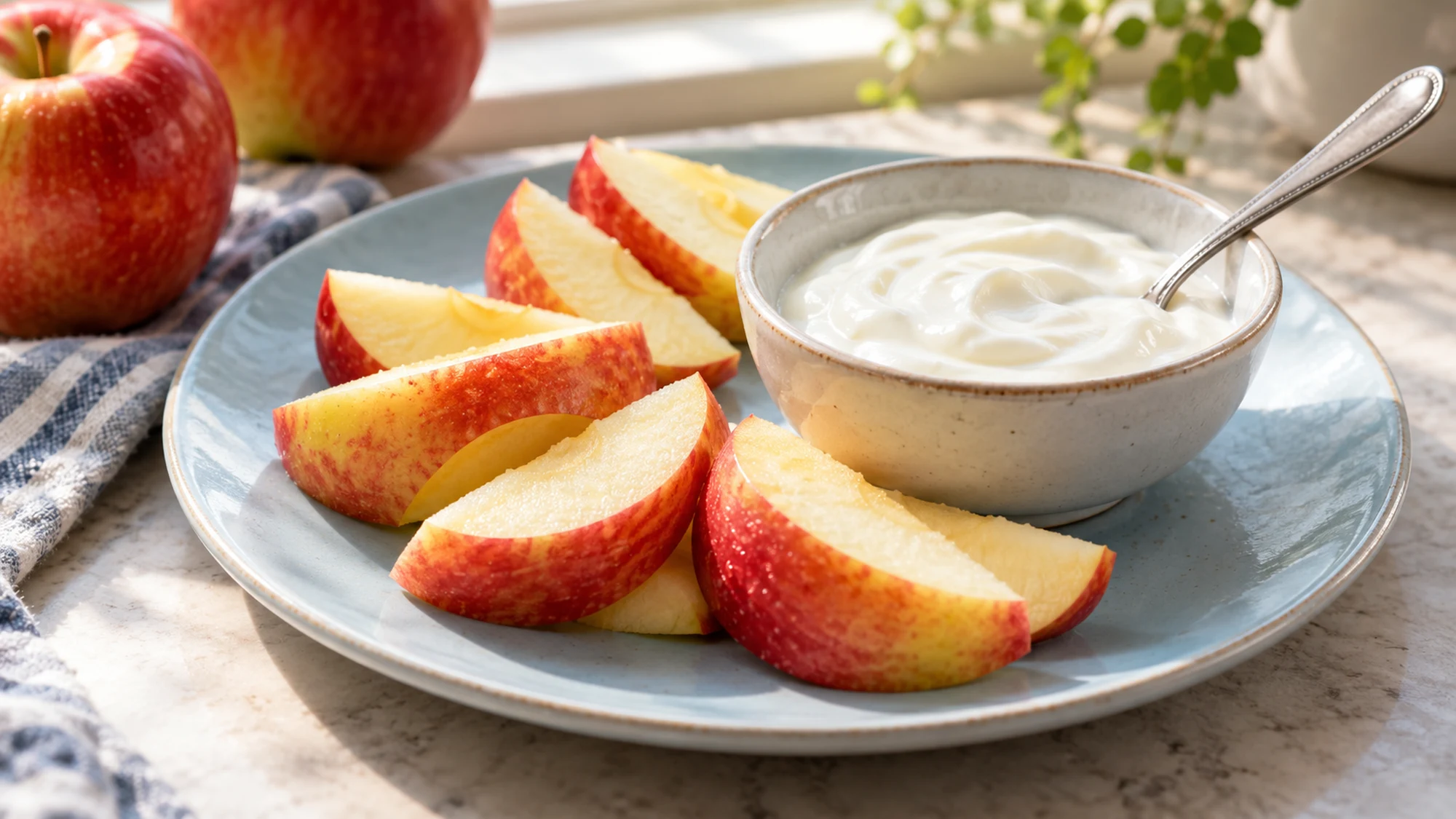Are apples good for you: apple wedges served with plain yogurt