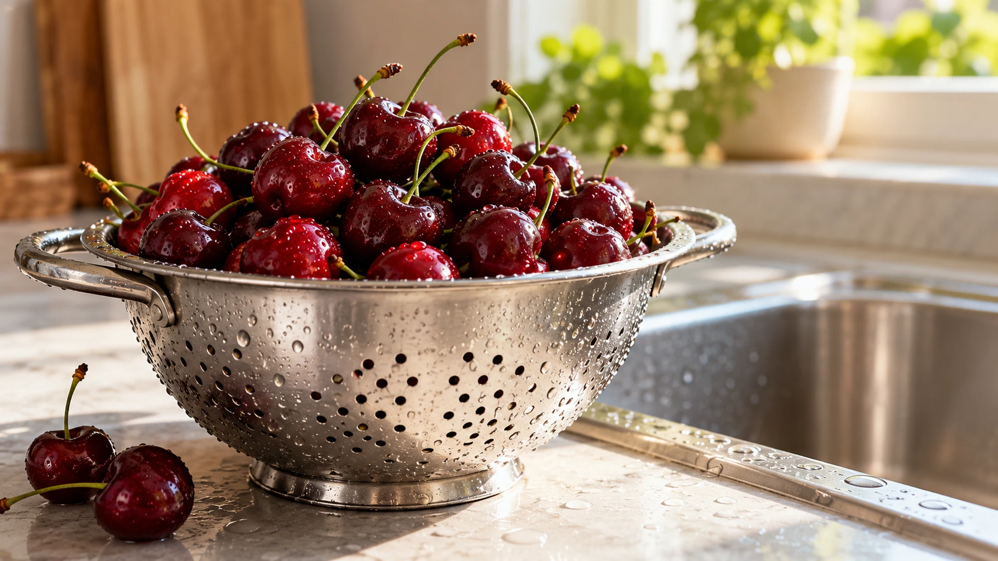Are cherries good for you? Washed cherries in a colander
