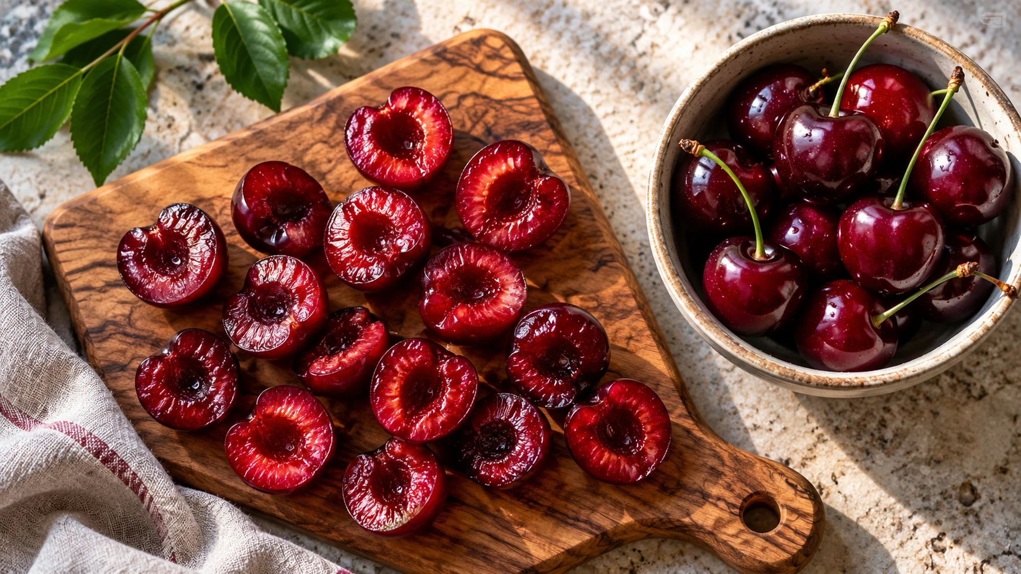 Are cherries good for you? Pitted cherry halves on a board