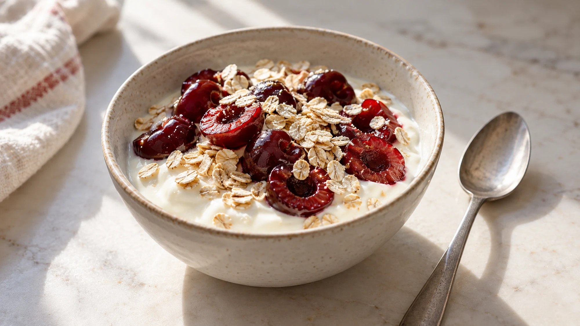 Are cherries good for you? Cherry halves with plain yogurt and oats