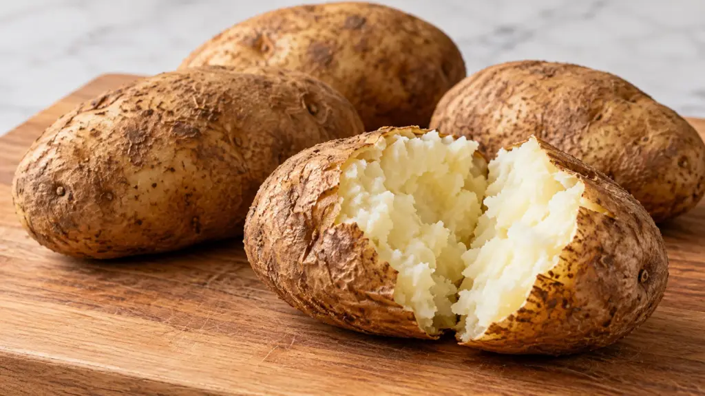 Whole russet potatoes beside a plain baked potato split open