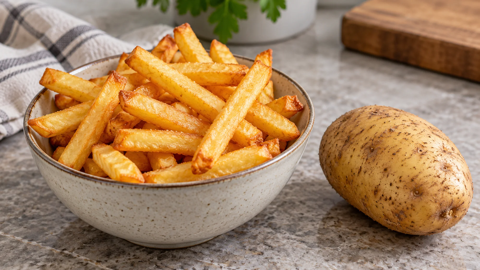 Golden French fries in a bowl beside a whole potato