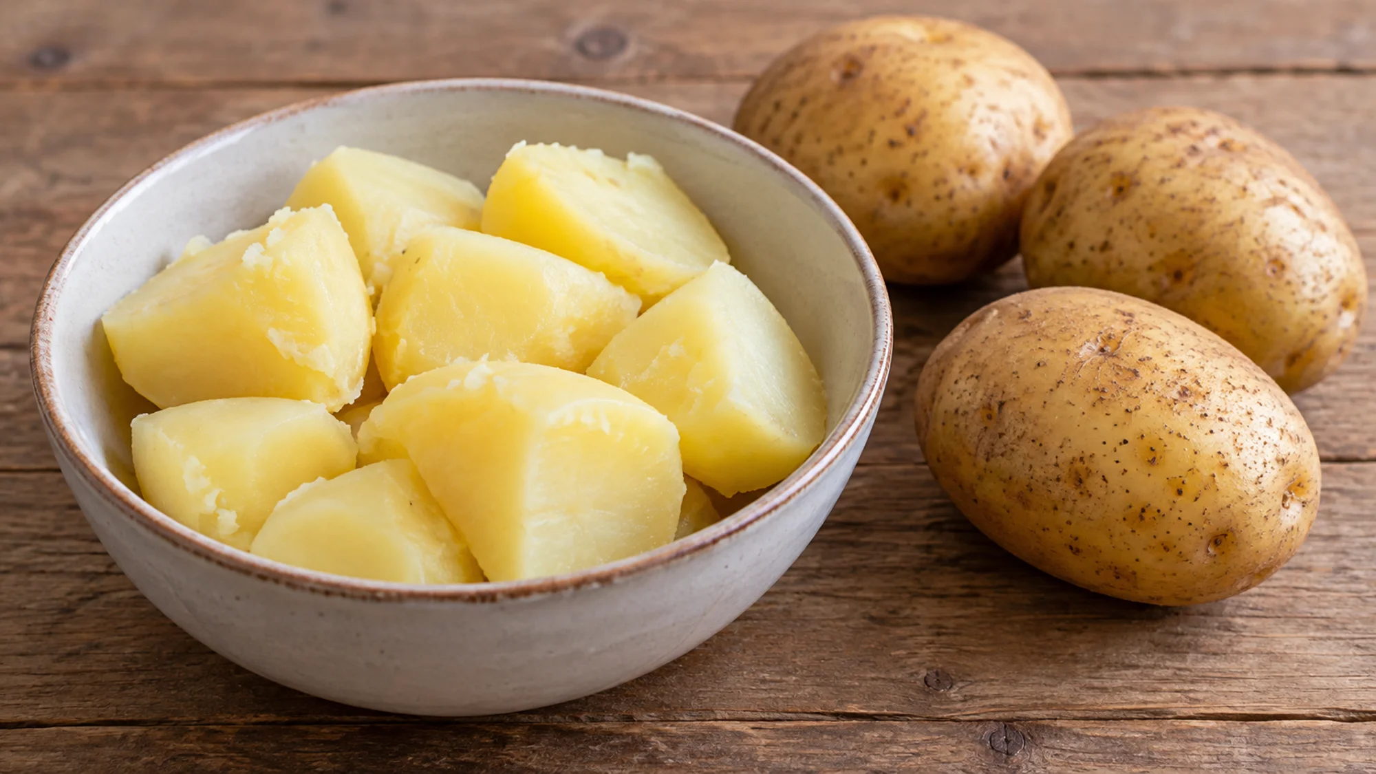 Plain boiled potato pieces in a bowl beside whole potatoes