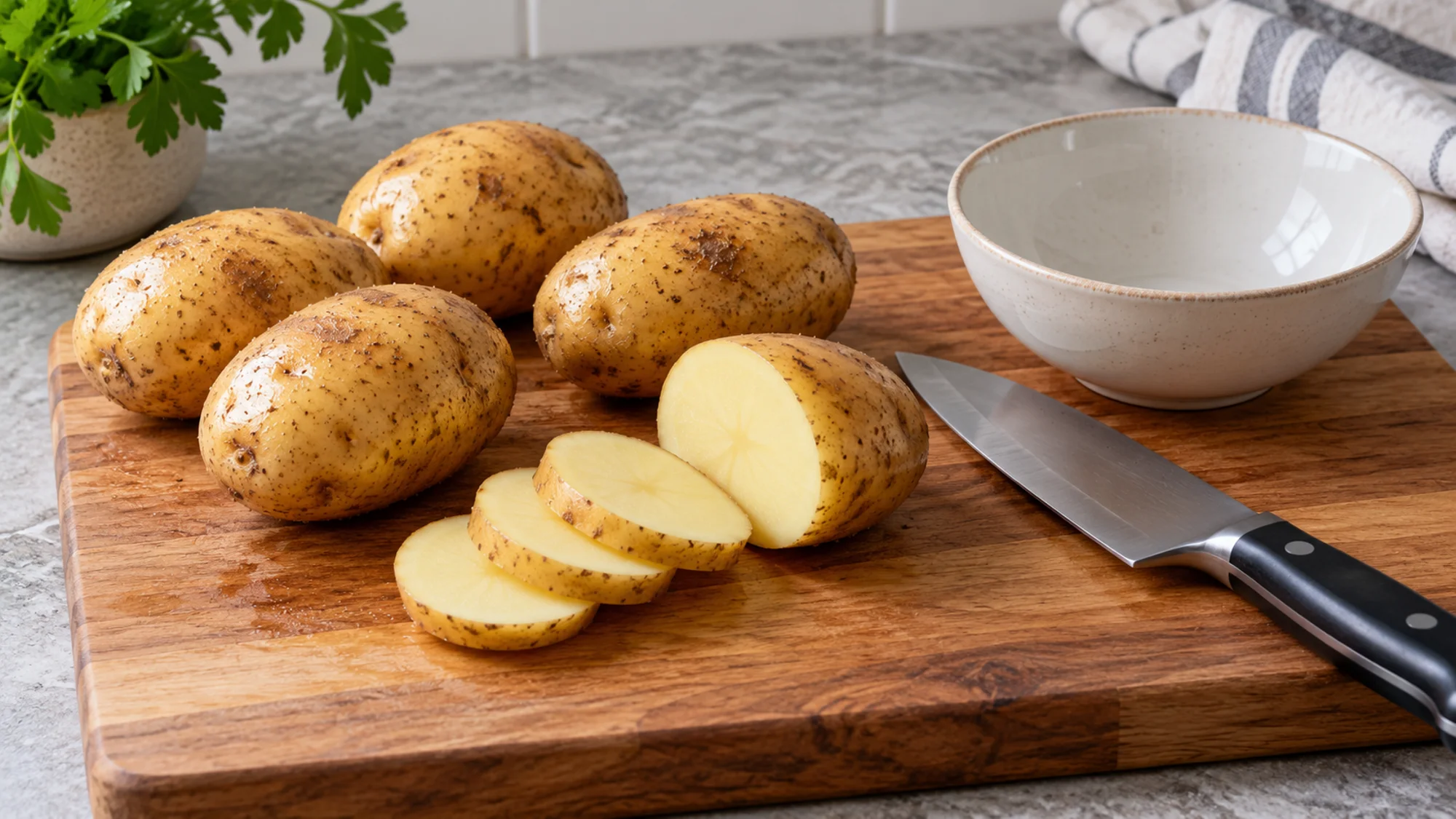 Washed potatoes and clean cutting equipment on a kitchen work surface