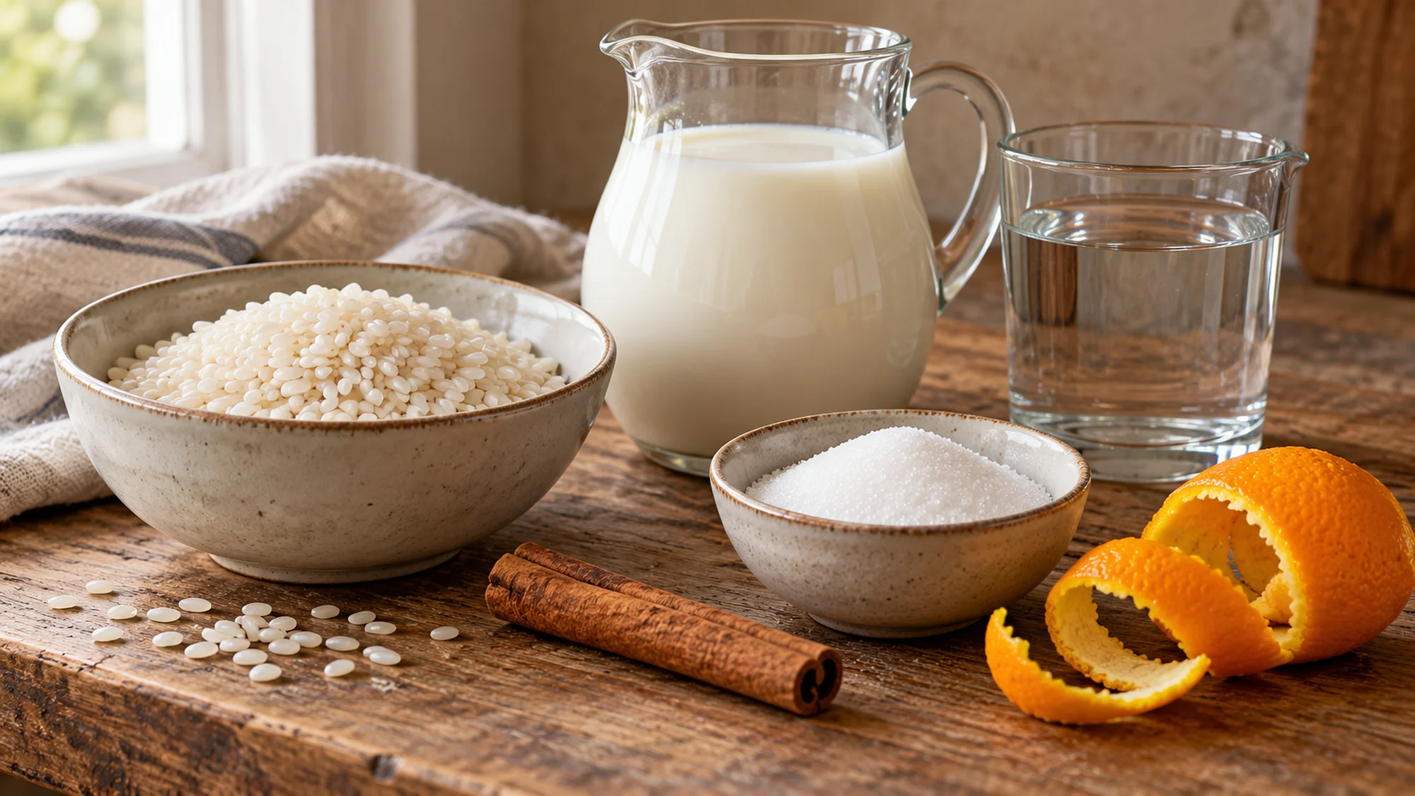 Rice, milk, sugar, cinnamon and orange zest for arroz con leche