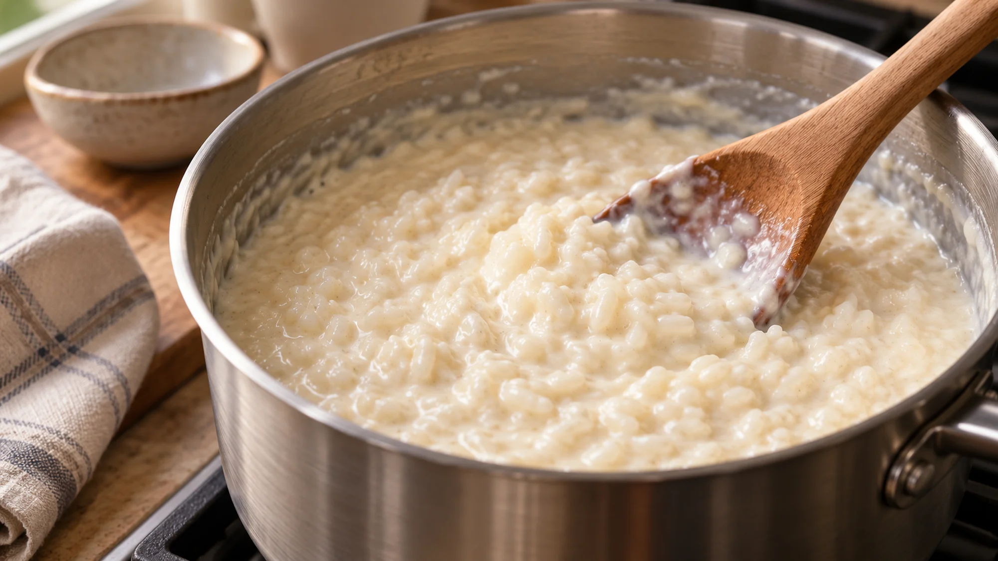 Stirring arroz con leche in a saucepan
