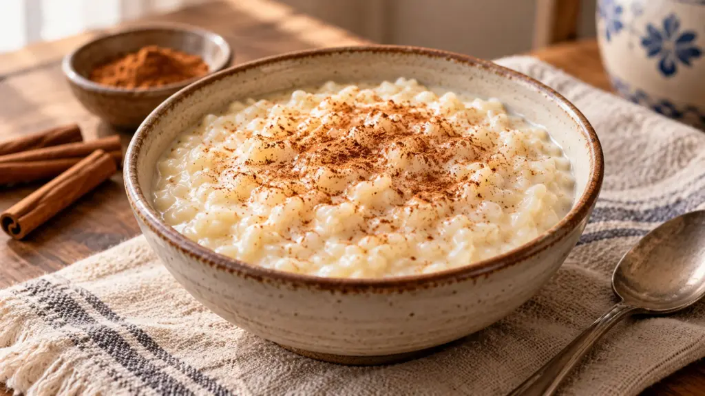 Creamy arroz con leche with a light cinnamon topping