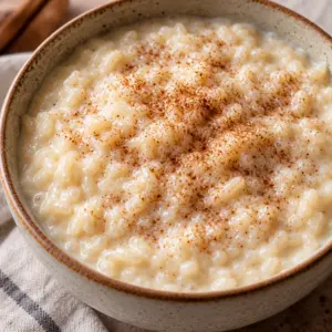 A bowl of arroz con leche ready to serve