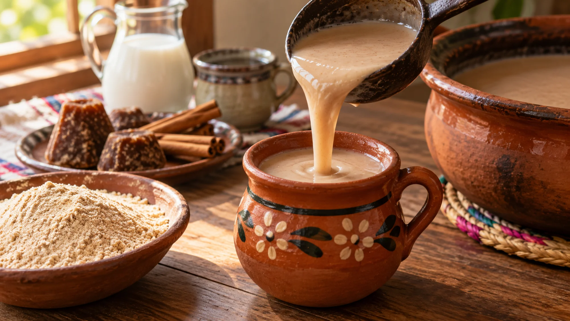 A ladle pouring atole de pinole into a terracotta mug
