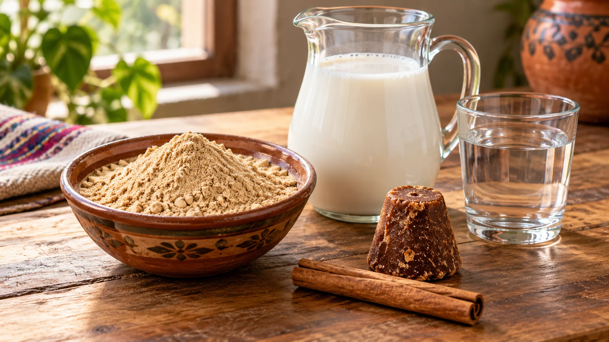 Pinole flour, milk, water, piloncillo and cinnamon for atole de pinole